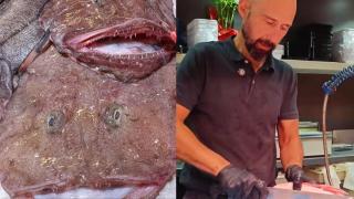 Varios ejemplares de rape en la pescadería y Luis, pescadero.