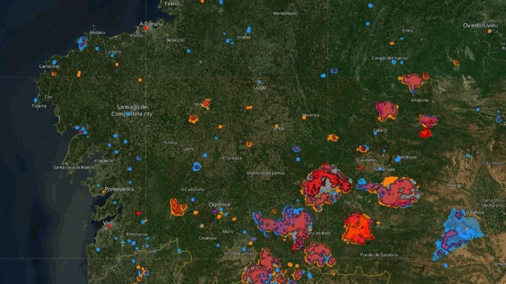 Mapa de superficie forestal quemada en Galicia a 21 de agosto de 2025, según el sistema EFFIS, del programa europeo Copernicus.