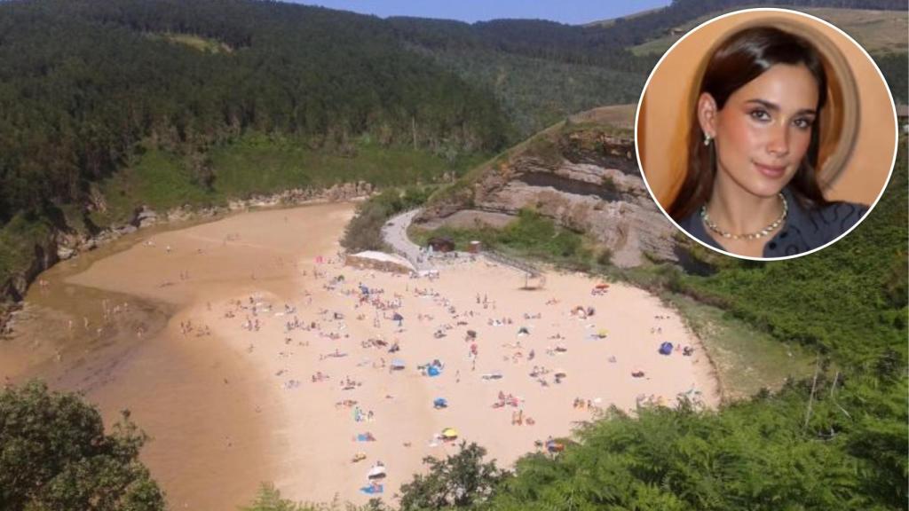 La playa de Galizano junto a una imagen de María Pombo