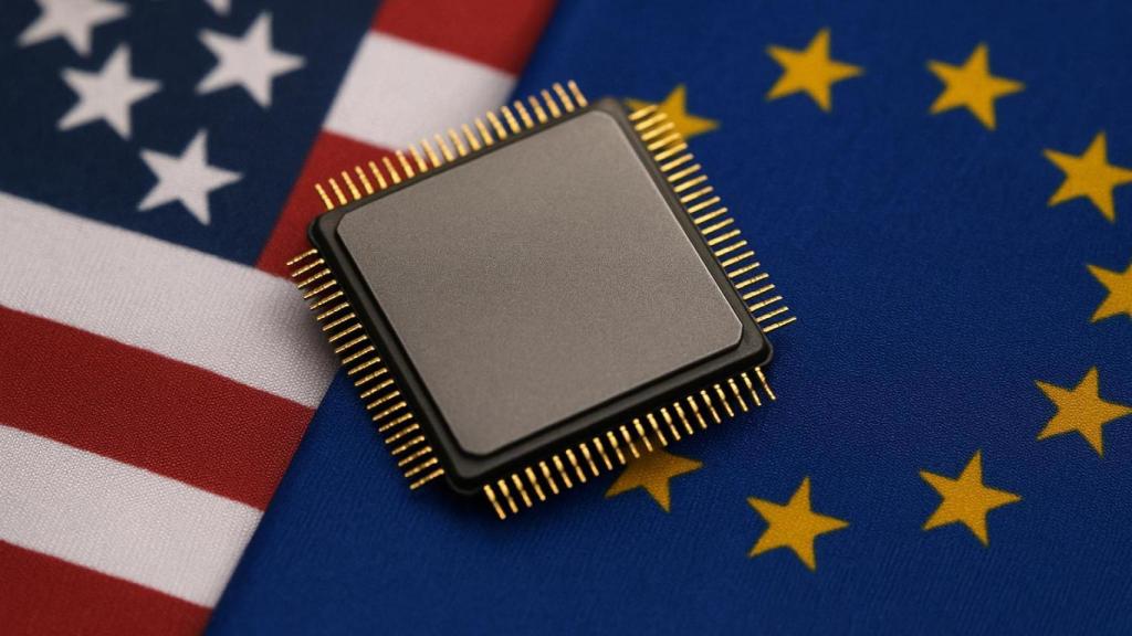 Imagen de recurso de un chip sobre las banderas de Estados Unidos y Europa.