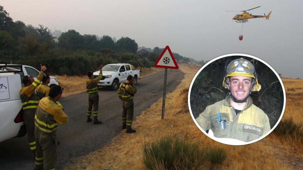 Imagen de una de las cuadrillas durante los incendios de la provincia de León (Foto: César Hornija - Ical) y, en el círculo, el bombero forestal Mario Marcos Robles