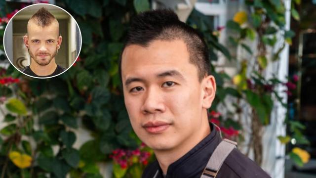 Jiale Pan junto a una imagen de Dabiz Muñoz