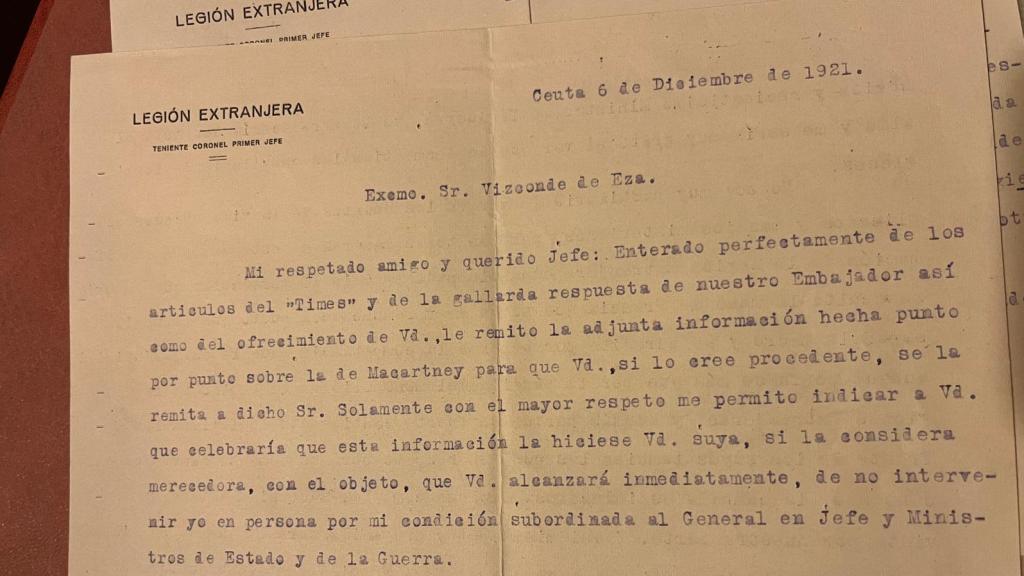 Detalle de las cartas de Millán-Astray al abuelo de Amalio de Marichalar.