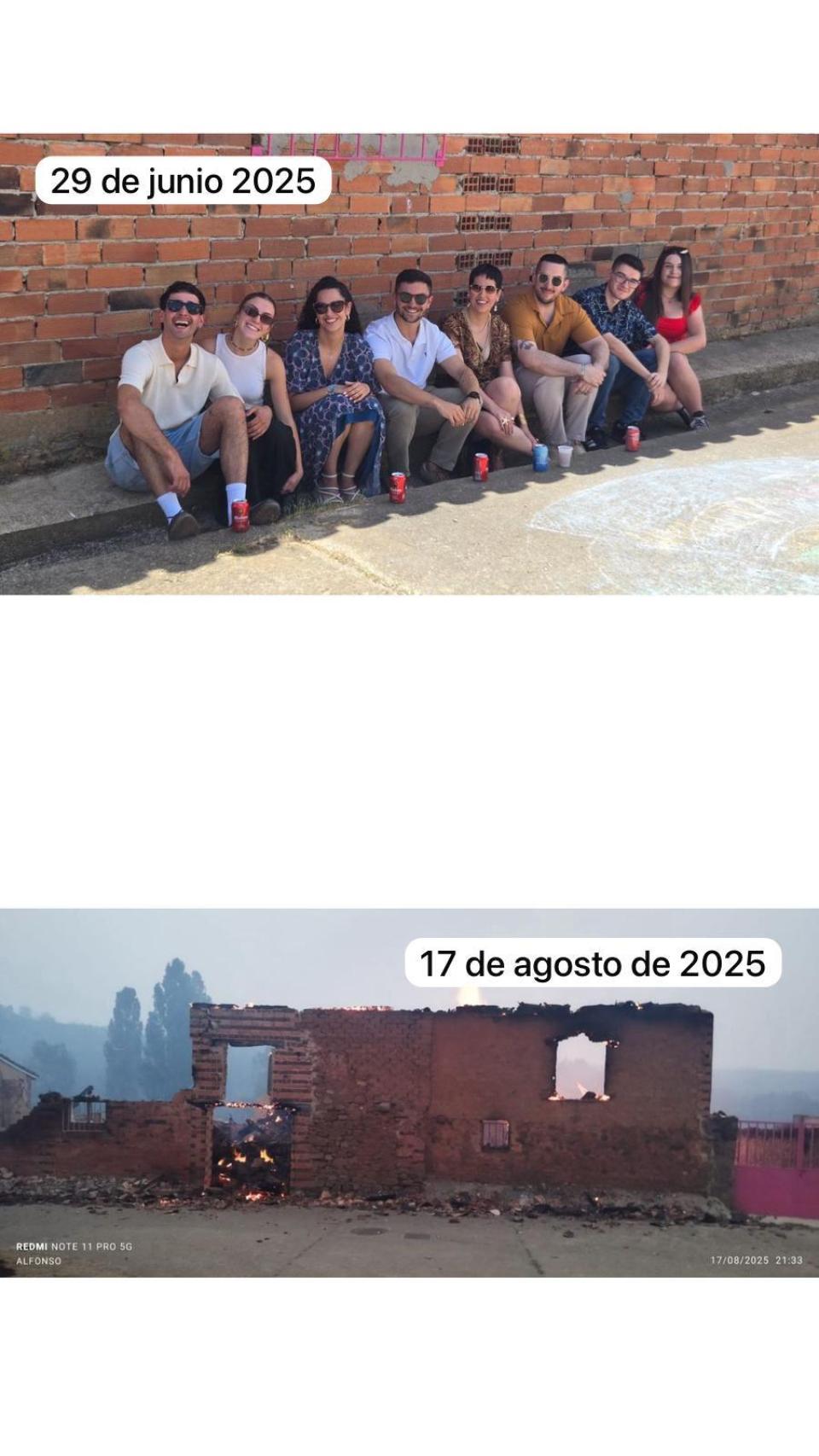 Un grupo de amigos posa frente a una fachada que ya no existe. El fuego la ha devorado.