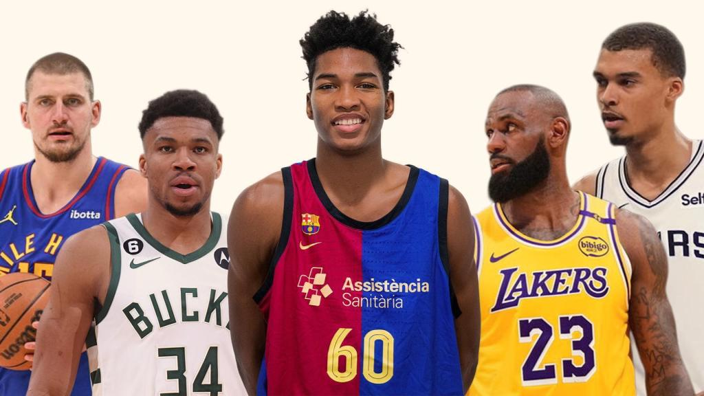 Nikola Jokic, Giannis Antetokounmpo, Mohamed Dabone, LeBron James y Victor Wembanyama, en un fotomontaje