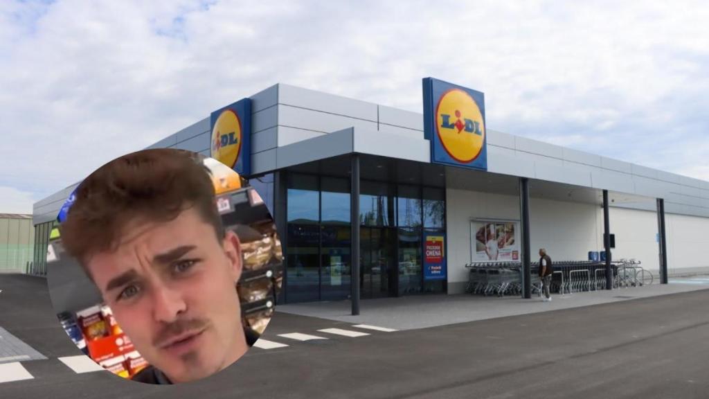 Un collage del autor del vídeo y una imagen de archivo de un supermercado Lidl