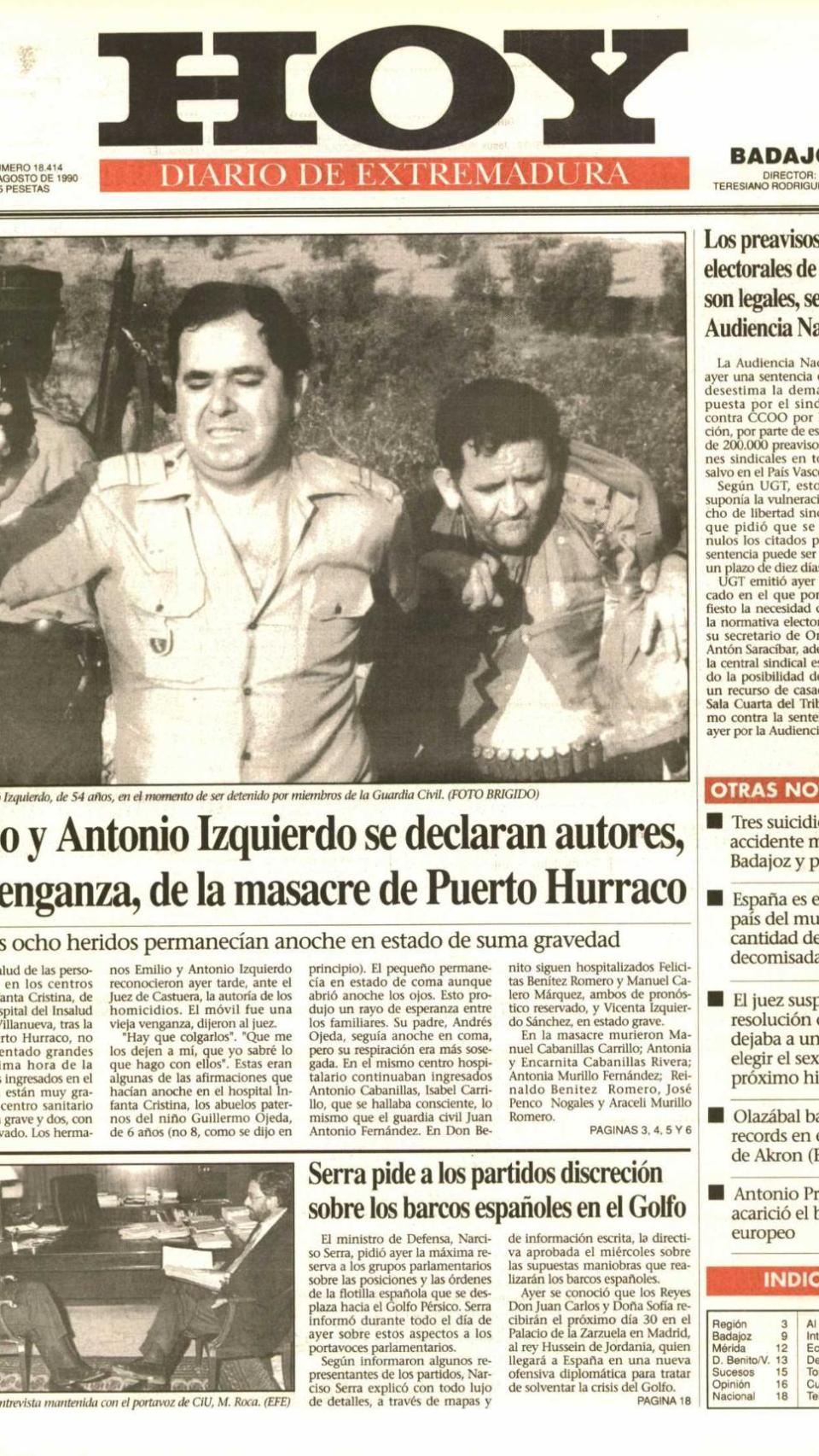 Portada del HOY, Diario de Extremadura, el martes 28 de agosto de 1990, dos días después de la masacre.
