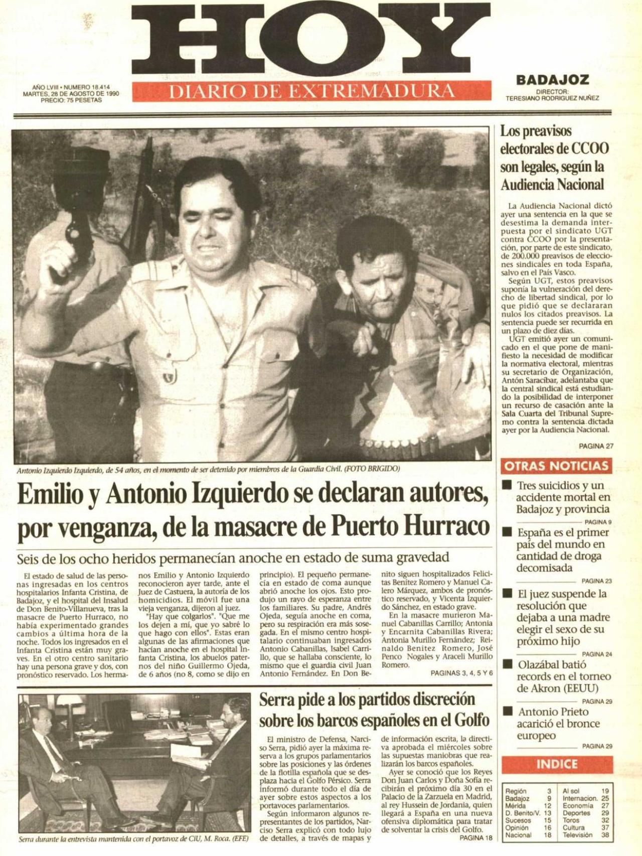 Portada del HOY, Diario de Extremadura, el martes 28 de agosto de 1990, dos días después de la masacre.