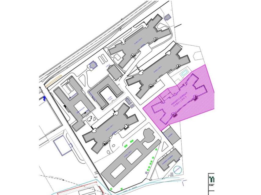 Plano de la infraestructura, que cuenta con cinco pabellones y amplios jardines y estancias comunes.