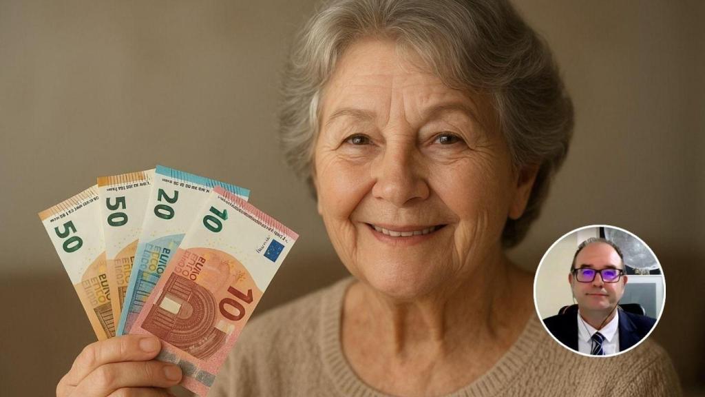Montaje con mujer mayor con su pensión y Eduardo Bolinches, analista financiero
