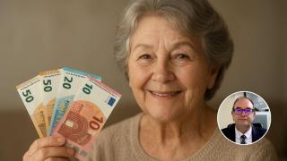 Montaje con mujer mayor con su pensión y Eduardo Bolinches, analista financiero