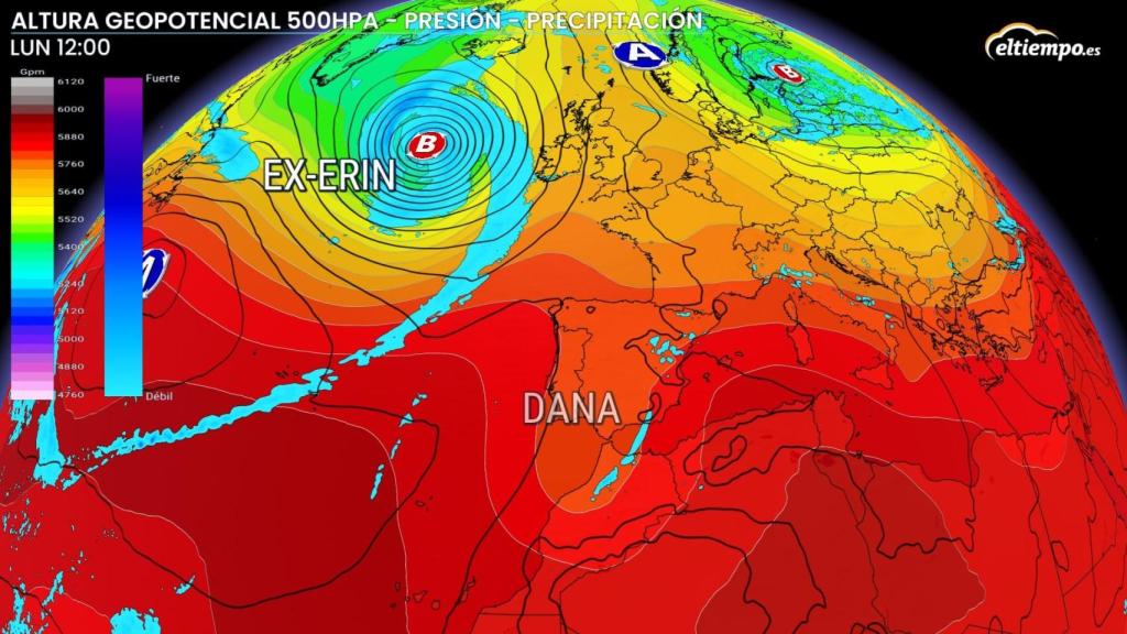 La configuración atmosférica con la llegada de la borrasca Erin. ElTiempo.es.