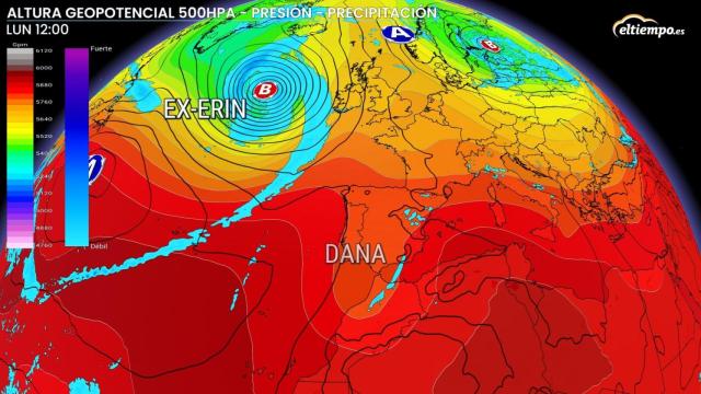 La configuración atmosférica con la llegada de la borrasca Erin. ElTiempo.es.