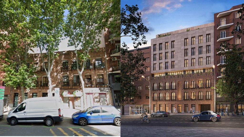 A la izquierda, el estado actual de la fachada de Santa María de la Cabeza, 60 en Arganzuela. A la derecha el render de la promotora una vez se realicen las obras.