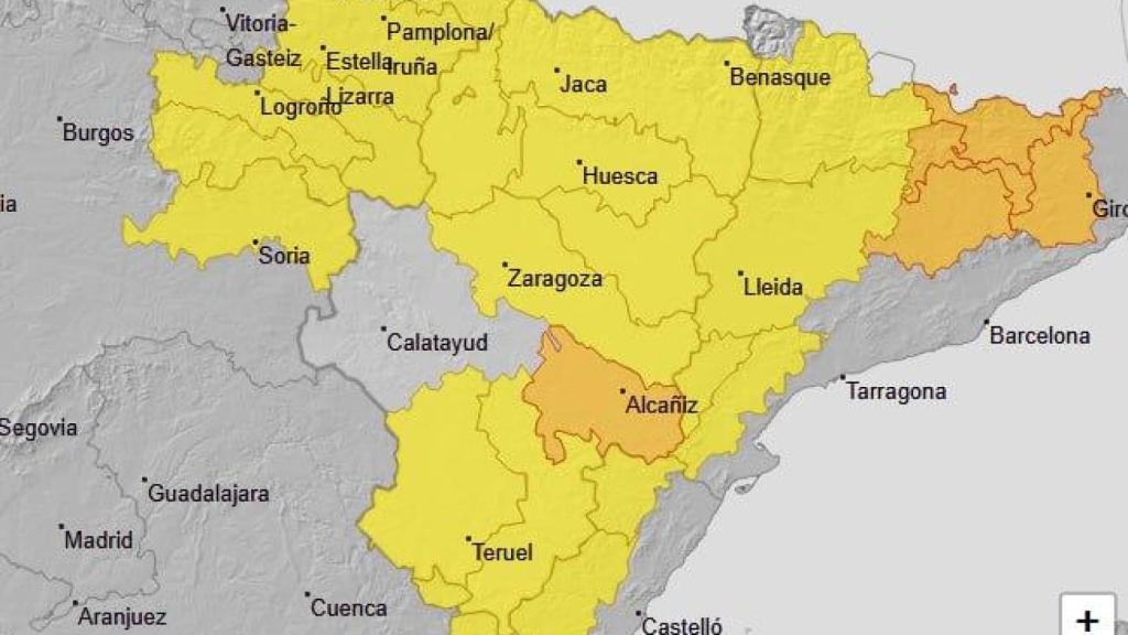 Mapa de avisos emitidos por la Aemet en Aragón