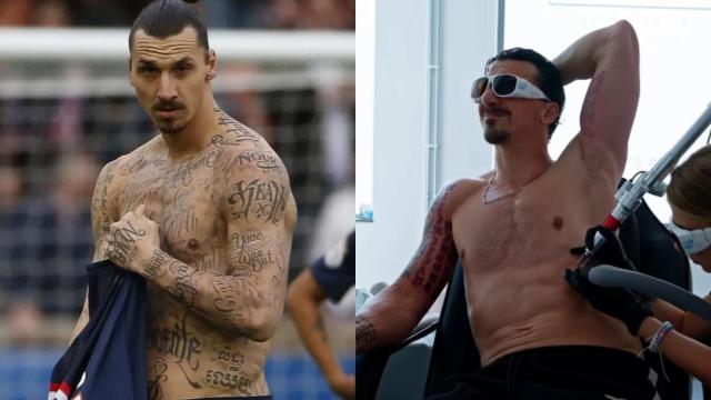 Imagen de Zlatan Ibrahimovic durante un partido contra el PSG y tras borrarse varios tatuajes.