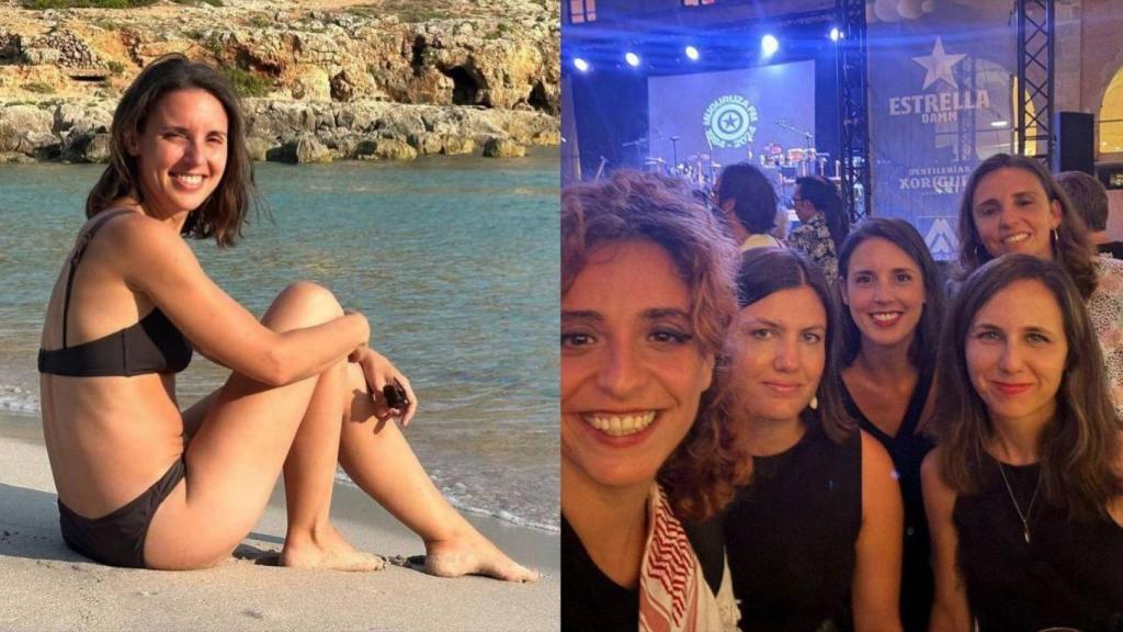 Irene Montero, a la izquierda, en una playa de Menorca. A la derecha, el pasado viernes  en un concierto de Fermín Muguruza en Mahón, con Alejandra Martínez, Teresa Cambril, Ione Belarra y Lucía Muñoz.