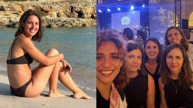 Irene Montero, a la izquierda, en una playa de Menorca. A la derecha, el pasado viernes  en un concierto de Fermín Muguruza en Mahón, con Alejandra Martínez, Teresa Cambril, Ione Belarra y Lucía Muñoz.