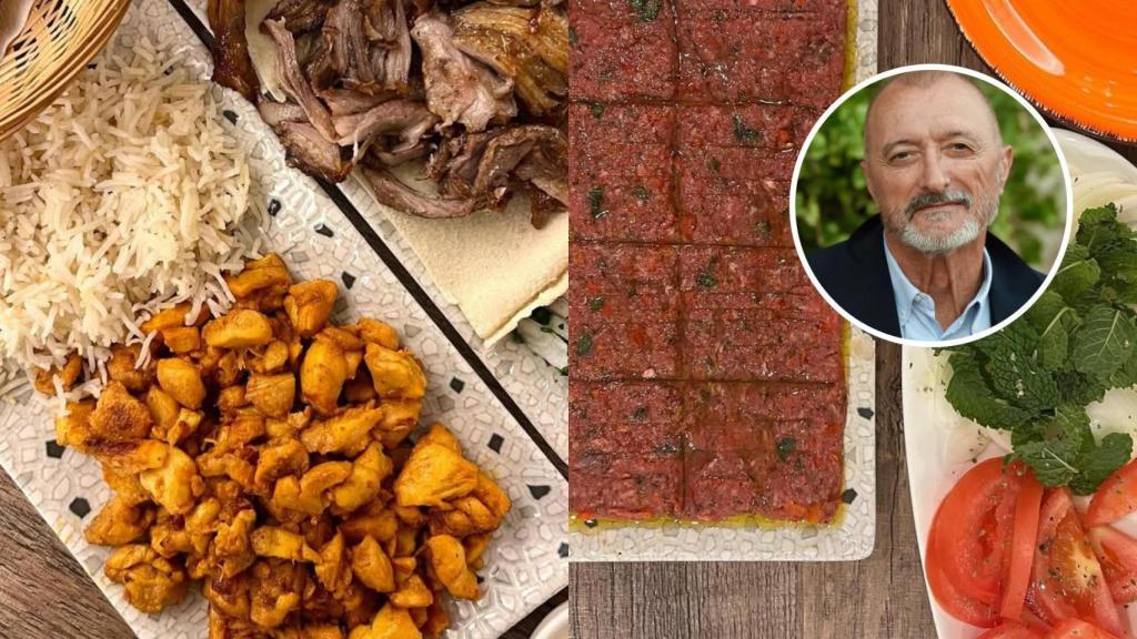 Un montaje con los platos del restaurante y Arturo Pérez-Reverte.