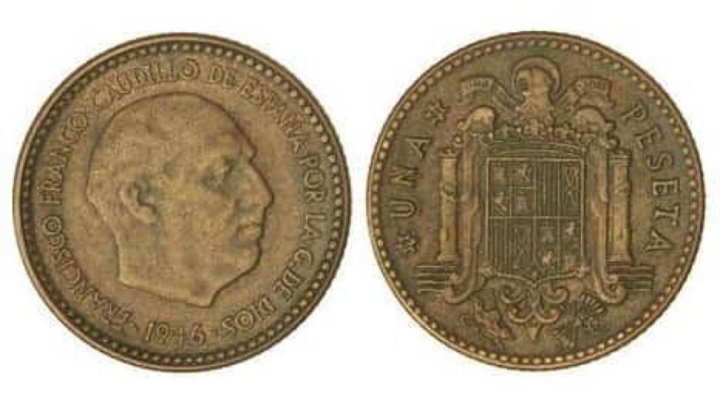 Imagen de las monedas de una peseta con el rostro de Franco.