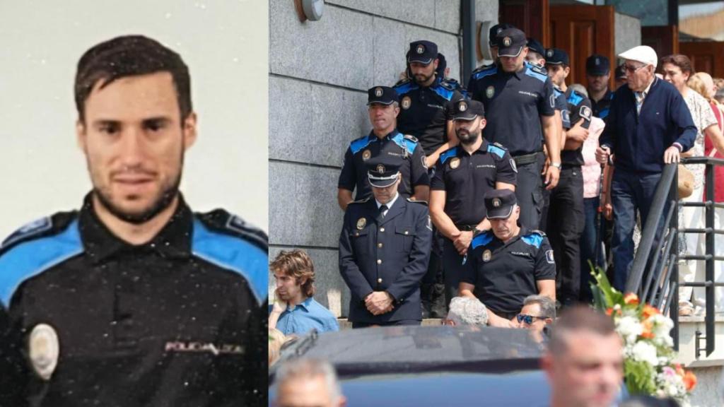 Una imagen de Eusebio Cuesta, y a la derecha, sus compañeros de la Policía Local le despiden durante su fineral.