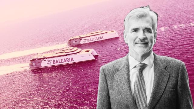 Montaje con dos de las naves de Baleària y la imagen de Adolfo Utor.