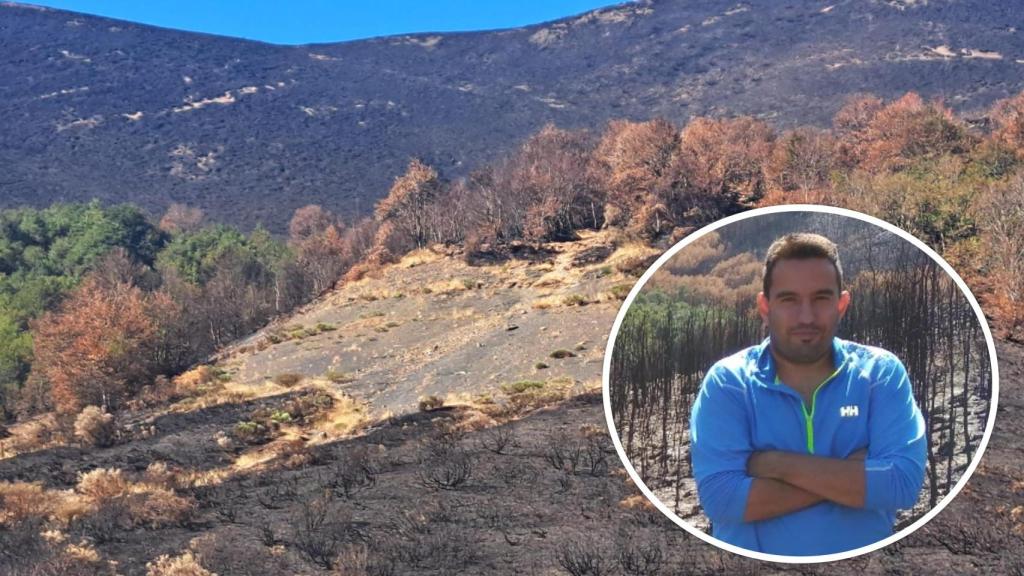 Efectos que ha tenido el fuego en el entorno del Parque Nacional y Regional de los Picos de Europa como consecuencia del fuego que se inició en Barniedo y alcanzó Valdeón y, en el círculo, José Manuel Fernández Guisuraga