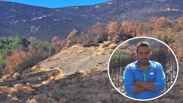 Efectos que ha tenido el fuego en el entorno del Parque Nacional y Regional de los Picos de Europa como consecuencia del fuego que se inició en Barniedo y alcanzó Valdeón y, en el círculo, José Manuel Fernández Guisuraga