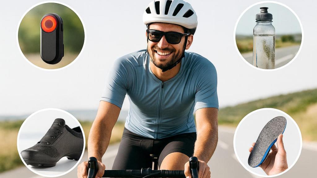 Ciclista con gadgets y plantillas Biontech en primer plano.