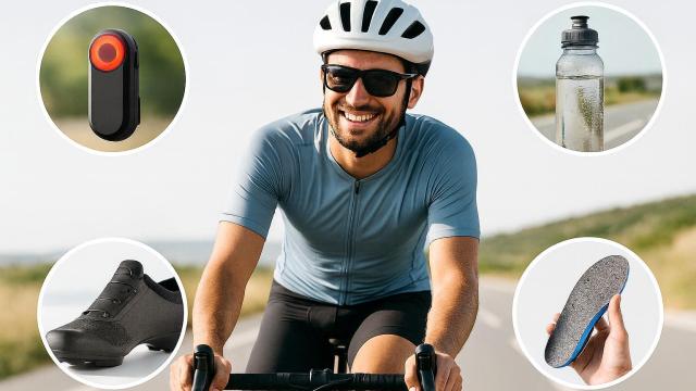 Ciclista con gadgets y plantillas Biontech en primer plano.