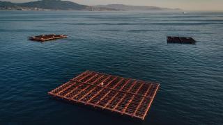 Varias bateas para pescar mejillones en Pontevedra, Galicia (España)