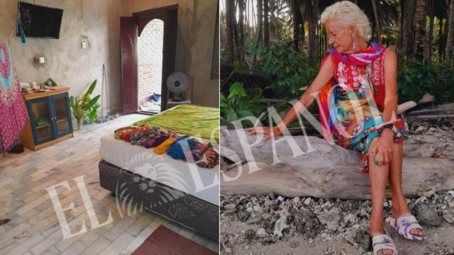 A la izquierda, la habitación 107 del hotel de Lombok en el que se alojaba temporalmente Matilde Muñoz Cazorla; a la derecha, una imagen de uno de sus viajes cedida por la familia.