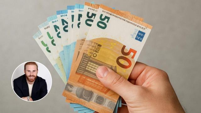 Montaje con mano sujetando euros y Antonio Rivas, asesor financiero
