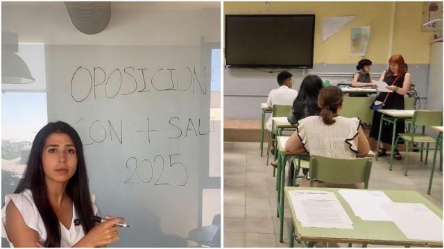 Fotomontaje de Sonia Pérez, profesora, y un examen de una oposición.