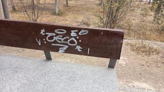 Pinta en un banco del Parque del Agua.