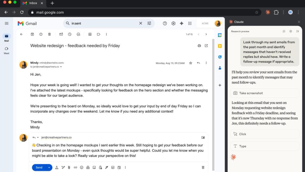 Revisando los últimos correo del mes para el usuario con el agente IA de Claude