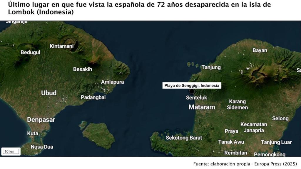 Mapa del último lugar en que fue vista la española de 72 años desaparecida en la isla de Lombok (Indonesia)