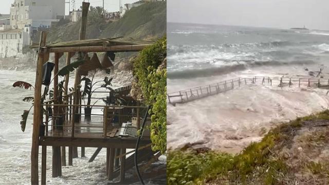 Imágenes del chiringuito y la pasarela devastados.