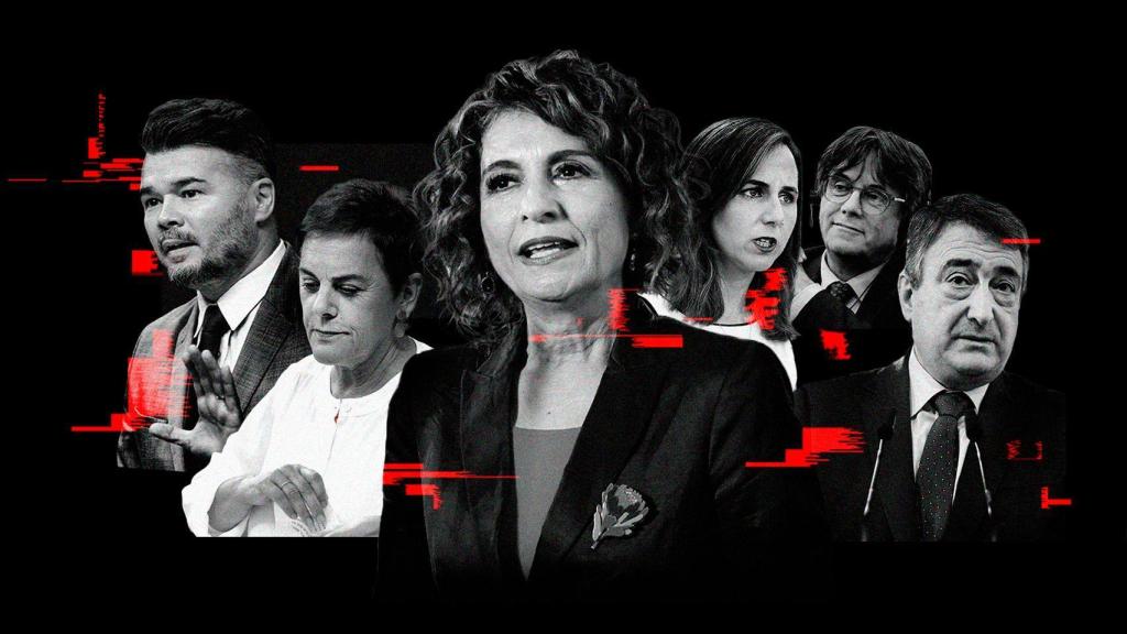 Gabriel Rufián (ERC), Mertxe Aizpurua (EH Bildu), la vicepresidenta María Jesús Montero, Ione Belarra (Podemos), Carles Puigdemont (Junts) y Aitor Esteban (PNV).