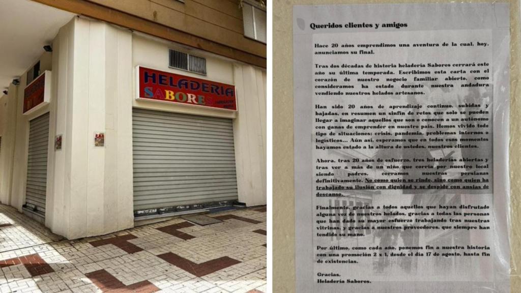 El cartel que anuncia el adiós a las heladerías Sabores de Málaga tras 20 años de historia.
