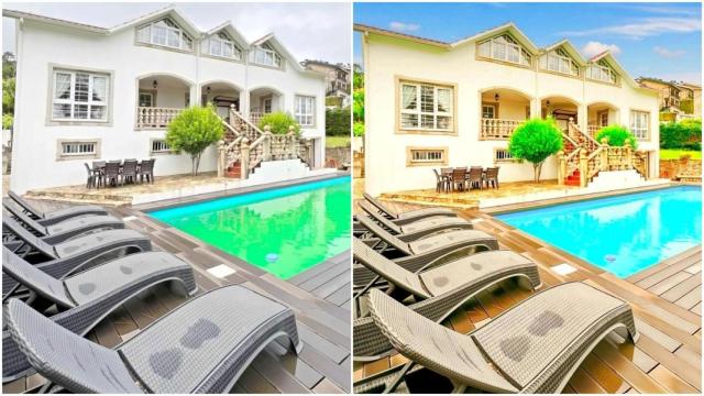 La imagen original de una propiedad y la editada por PhotoILike en un anuncio de una agencia inmobiliaria VipKel.