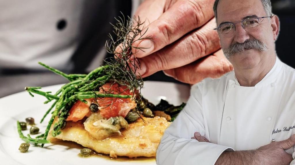 El chef Pedro Subijana y un plato de lenguado.