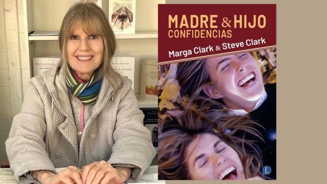 Fotomontaje de Marga Clark y la portada de su libro.