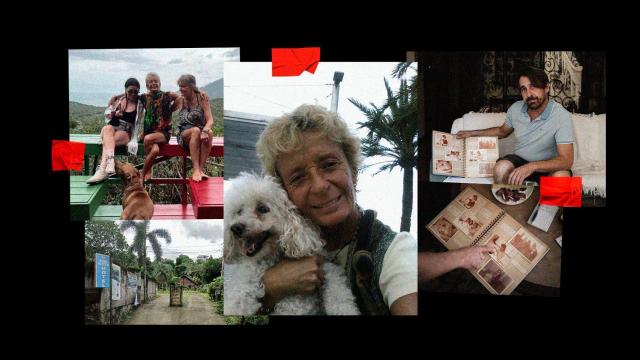 Nacho Vilariño (d) sostiene un álbum de fotos familiar en el que aparece Matilde Muñoz durante su juventud; a la izquierda y en el centro, fotografías recientes de Mati; abajo a la izquierda, fachada del hotel Bumi Aditya, donde se alojó la desaparecida.
