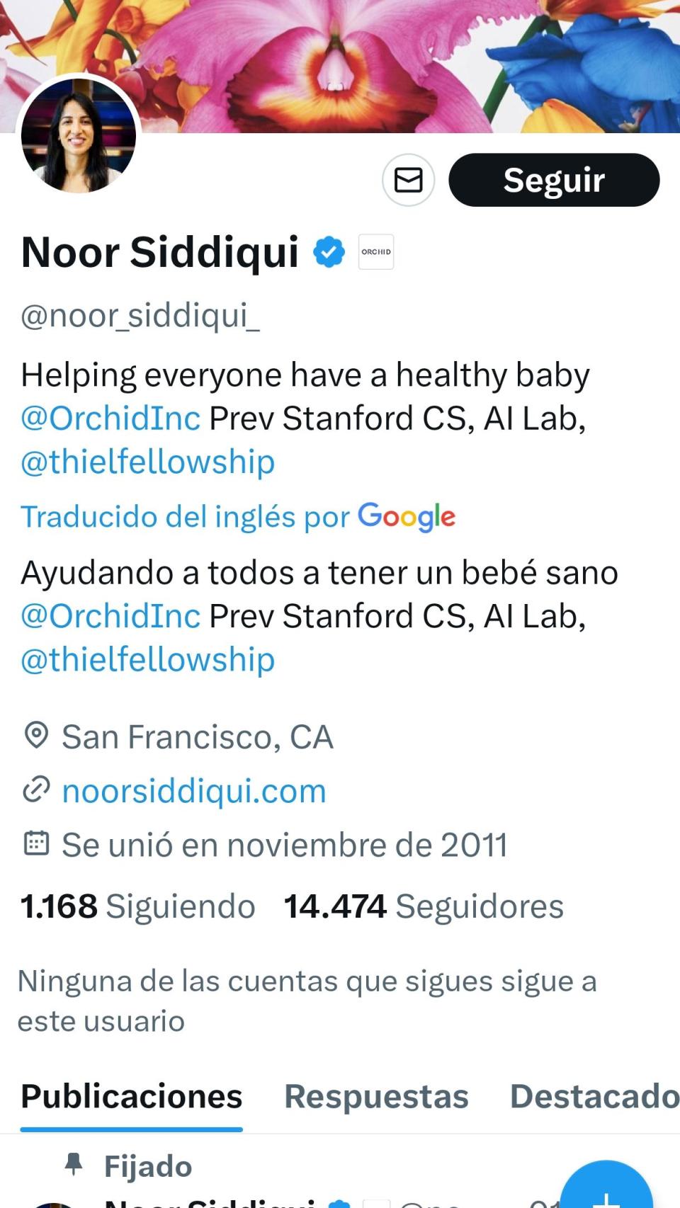 Perfil de Twitter de Noor Siddiqui, CEO de Orchid.