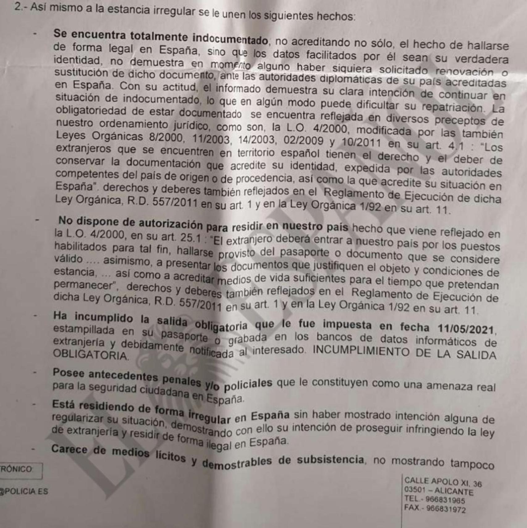 Recorte extraído del último procedimiento administrativo de expulsión del territorio nacional de Santiago Luis. Entre los motivos, la Policía Nacional señalaba hace un año la amenaza real para la seguridad ciudadana en España del ahora detenido.