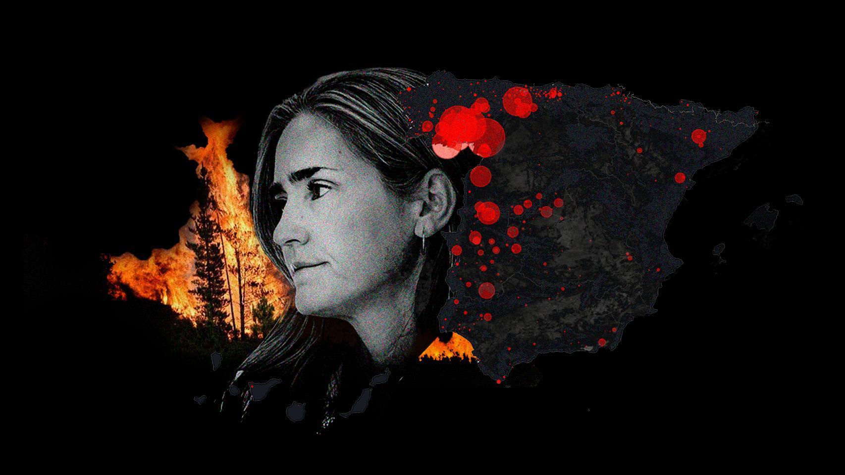 La vicepresidenta tercera del Gobierno y ministra de Transición Ecológica, Sara Aagesen, junto a un mapa de los incendios.