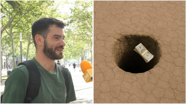 Fotomontaje de un trabajador que responde sobre su salario y un fajo de billetes.