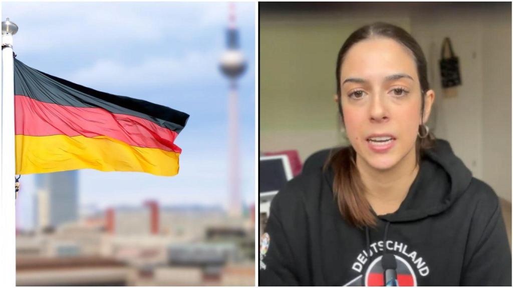 Fotomontaje de una bandera de Alemania en Berlín y una joven española.