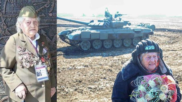 La veterana de guerra, María Koltakova, a la izquierda, con sus medallas, y a la derecha, tras conducir un T-72.